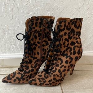 Olivia Jaymes Pointed Toe Cheetah Lace Up High Heel Stiletto Ankle Boot